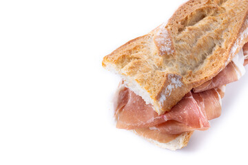 Spanish serrano ham sandwich isolated on white background. Copy space