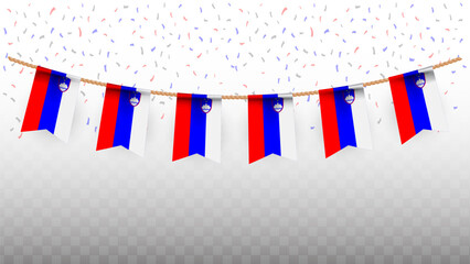 Vector illustration of the country flag of Slovenia with confetti on transparent background. hanging flag for Independence Day celebration