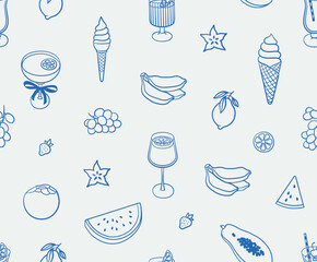 Seamless pattern of summer food illustrations. Line art, ink, minimalist style. Vector illustration. Summer collection.