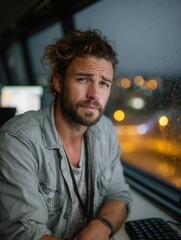 Young man with a beard and curly hair looking worried while sitting near a rainy window at night