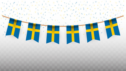 Vector illustration of the country flag of Sweden with confetti on transparent background. hanging flag for Independence Day celebration