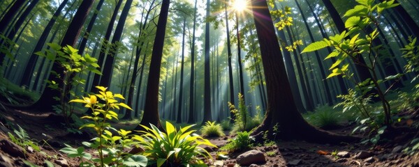 Sunlit Forest Path Lush Green Canopy and Sunlight Beams