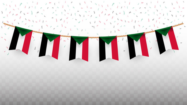 Vector illustration of the country flag of Sudan with confetti on transparent background. hanging flag for Independence Day celebration