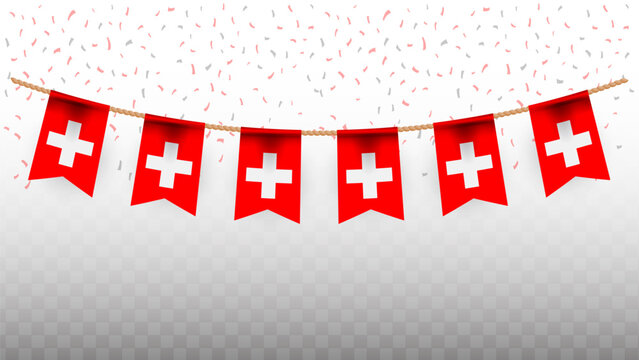 Vector illustration of the country flag of Switzerland with confetti on transparent background. hanging flag for Independence Day celebration
