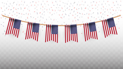 Vector illustration of the country flag of United States of America with confetti on transparent background. hanging flag for Independence Day celebration