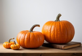 Obraz premium There are three pumpkins sitting on a table with a book on the table