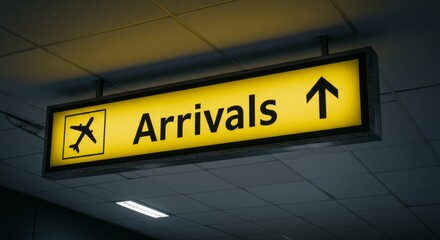 airport arrivals bright yellow sign. 