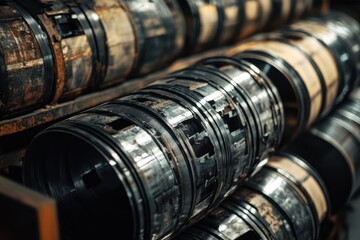 Obraz premium Metal coils stacked in factory warehouse industrial steel rolls close up perspective manufacturing raw material storage