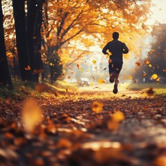 Rear View of Person Running in Autumn Foliage on Pathway