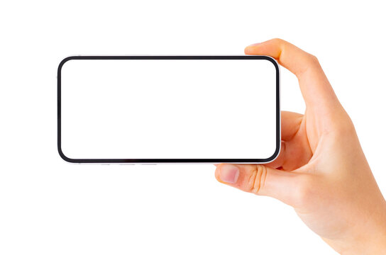 Mobile phone horizontally in hand, photo or video camera mockup