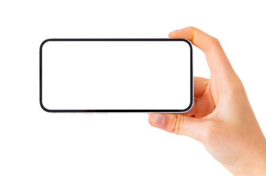 Mobile phone horizontally in hand, photo or video camera mockup