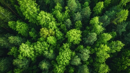 Fototapeta premium Aerial view of dense, lush evergreen forest canopy