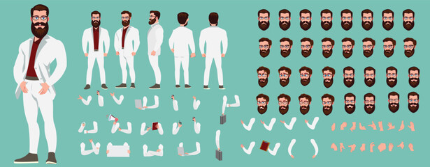 Man Character design. Front, side, back view and explainer animation poses. Character set with lip sync and facial expressions of Happy, angry, sad, Joy with Side walk cycle animation sequence sprite 