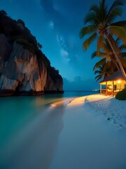 Fototapeta premium Turquoise water meets the sandy tropical beach under the sunset sky, transitioning to a starlit night by the island's tranquil coast