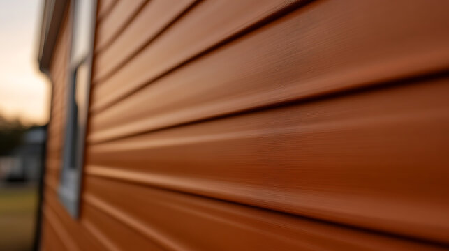 House exterior with orange siding. Architectural detail, showcases horizontal lines and material. Abstract view of a home's outer surface. - Powered by Adobe