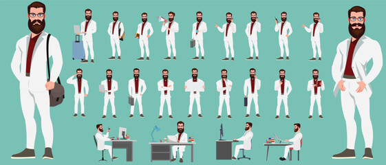 Man Character design. Front, side, back view and explainer animation poses. Character set with lip sync and facial expressions of Happy, angry, sad, Joy with Side walk cycle animation sequence sprite 