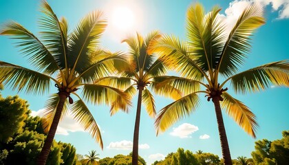 Coconut palm trees sway on a tropical island beach under the blue summer sky