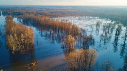 Fototapeta premium Aerial view of flooded forest; calm water reflecting trees