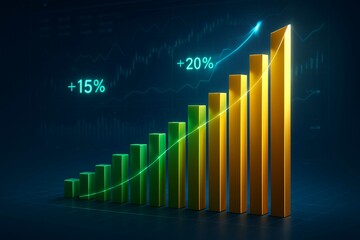 This image shows a 3D bar chart with rising bars, highlighting +15% and +20% growth. The color shift from green to gold suggests positive progress and advancement.

