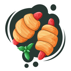Vector sausage rolls wrapped in dough. Savory snack food. Cartoon style bakery illustration.