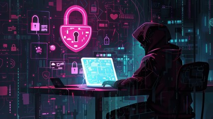 A person in a hoodie uses a laptop in a digital world with security icons and padlocks