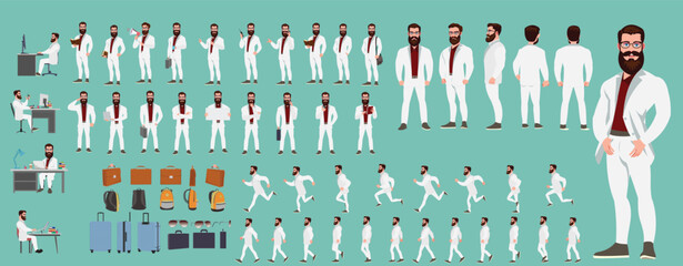 Man Character design. Front, side, back view and explainer animation poses. Character set with lip sync and facial expressions of Happy, angry, sad, Joy with Side walk cycle animation sequence sprite 