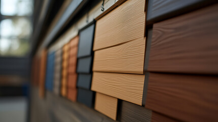 Display of various colors and textures of wood siding samples, showcasing different styles for home exteriors and construction materials in a showroom.