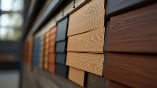 Display of various colors and textures of wood siding samples, showcasing different styles for home exteriors and construction materials in a showroom.
