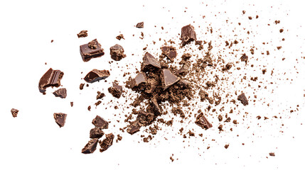 A pile of chocolate crumbs on a white background. The crumbs are scattered and broken, giving the impression of a messy and chaotic scene. Concept of indulgence and temptation