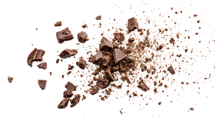 A pile of chocolate crumbs on a white background. The crumbs are scattered and broken, giving the impression of a messy and chaotic scene. Concept of indulgence and temptation