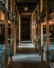 Bunk beds in a row in a summer camp cabin long shot perspective of a rustic wooden interior with green bedding