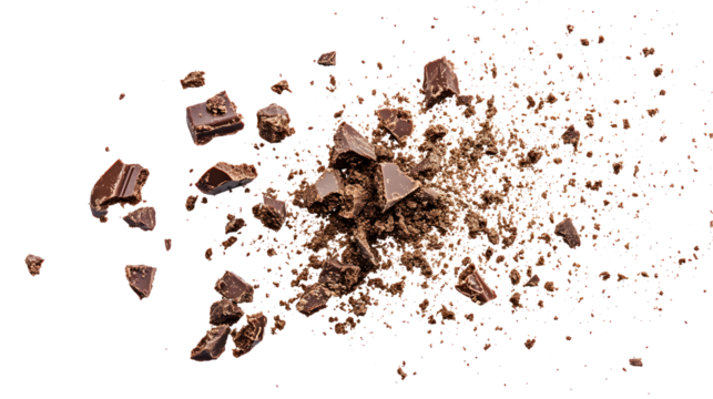 A pile of chocolate crumbs on a white background. The crumbs are scattered and broken, giving the impression of a messy and chaotic scene. Concept of indulgence and temptation
