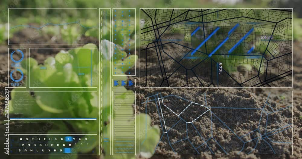 Poster green seedlings growing through soil surface with digital grid overlay displaying graphs and data