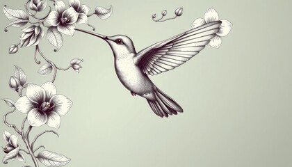 Obraz premium Elegant hummingbird illustration soaring among delicate blooming orchids