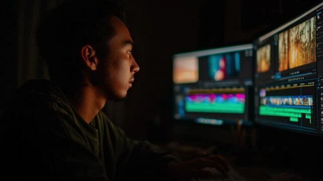 Video Editor at Work: A focused video editor is absorbed in his work, illuminated by the glow of multiple computer screens, as he meticulously refines a project in a dimly lit studio.