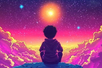 Naklejka premium A Young Boy's Dreamscape: Stargazing Adventures