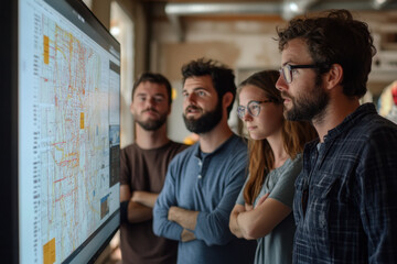 Obraz premium People gathered around a large screen, studying a detailed map.