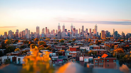 Fototapeta premium Colorful City Skyline At Sunset With Fall Foliage