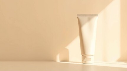 Cream tube on beige backdrop. Sunlight casts shadow