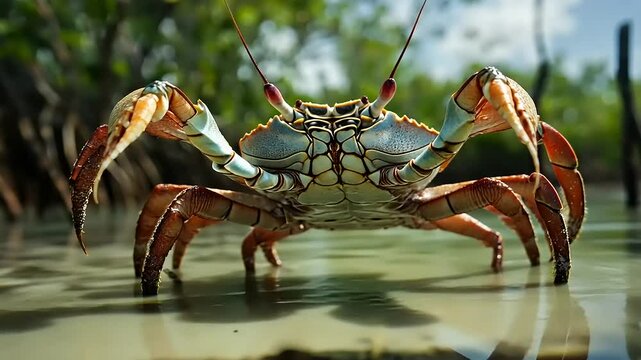 Vibrant crab in shallow water among mangroves, showcasing its claws in a natural habitat