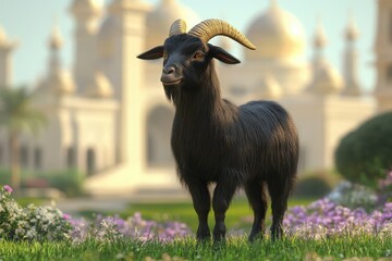Obraz premium Black goat in a garden setting with a blurred background of structures.