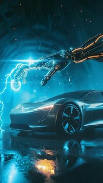 the robot shoots lightning from its hand at the car