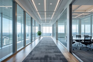 Obraz premium Spacious Office Corridor with Panoramic Glass Views to Contemporary Executive Meeting Room