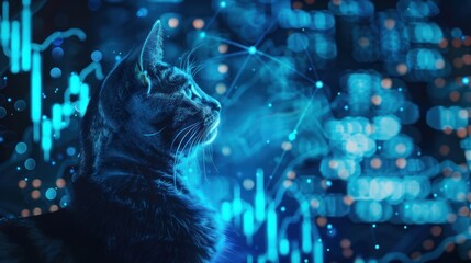 A cat gazes towards the glowing, interconnected network with financial data background