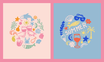 Vector Hand-Drawn Summer Composition of Seaside Elements for Vacation-themed Design, Celebration, Beach Party Invitations and Summer Marketing Materials