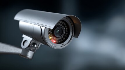 Close-up of a modern security surveillance camera with infrared lights glowing.