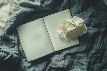 An open journal and crumpled paper lie on a rumpled, cozy bedspread, suggesting creativity in process.