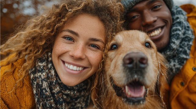 Happy mixed-race couple and golden retriever posing together in winter clothes during snowfall perfect for holiday greeting visuals, friendship and pet lifestyle promotions