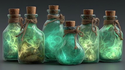 Glowing green and yellow magic potions in vintage glass bottles with corks.