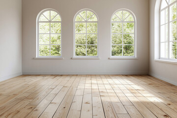 Spacious empty room with warm wooden flooring and large arched windows allowing natural light to fill space, creating bright and inviting atmosphere